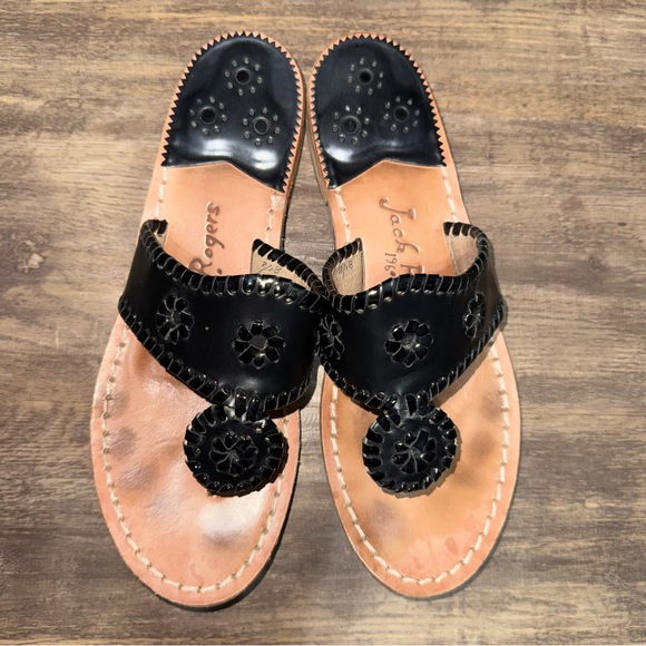 Jack Rogers Black and Tan Whipstitch Leather Sandals - Picture 2 of 6